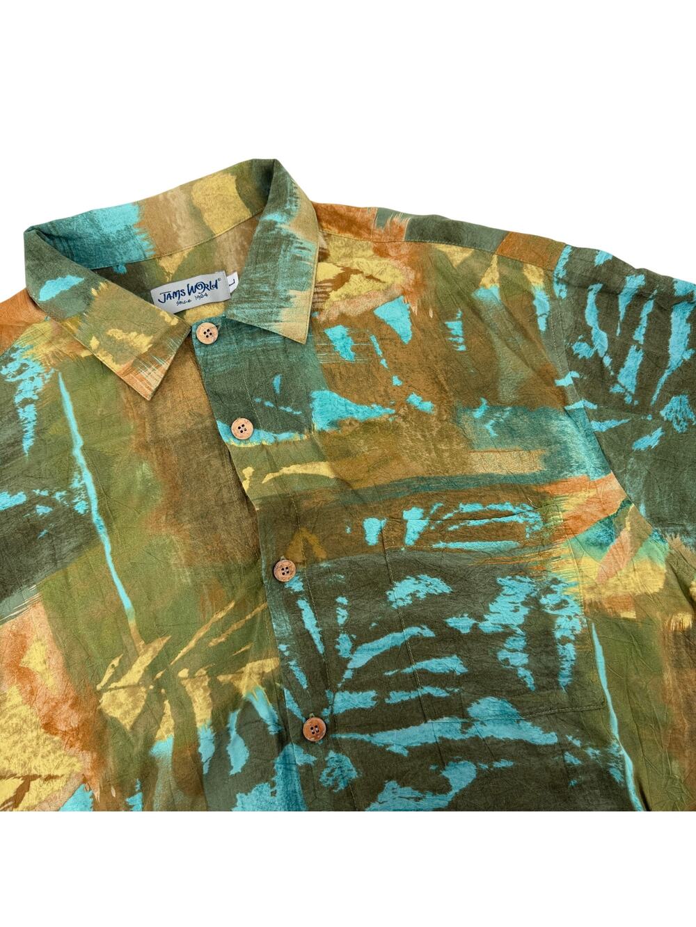 Jams World Shirt Adult Large Green Fern Patch Hawaiian Abstract Rayon Men's